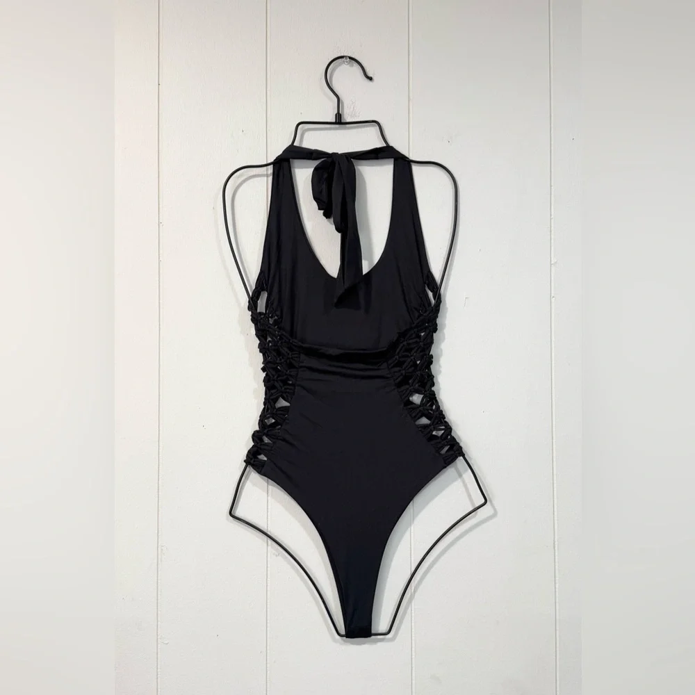 Frankie's Bikinis Camilla One Piece Knotted Macrame Bathing Suit in Black Small